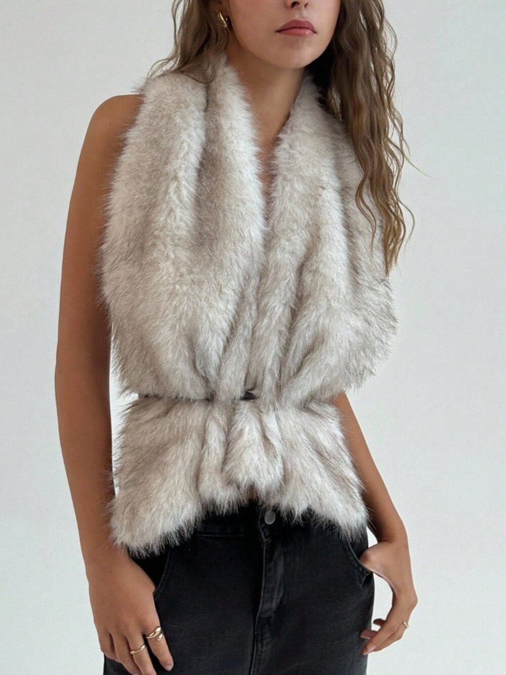 Women's Contemporary Tie Waist Furry Faux Fur Vest Top